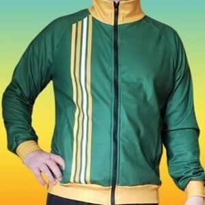Sporty Men's Green and Gold Retro Soccer-Style Tracksuit, Striped Detail